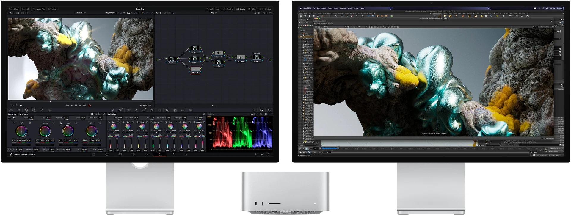 Real Mac Studio computer and Apple displays arranged as a creative workstation